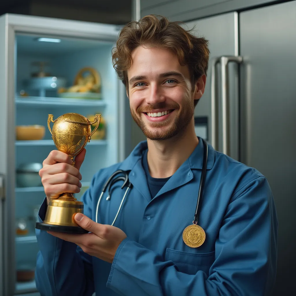 Técnico galardonado con trofeo de reparación de frigoríficos